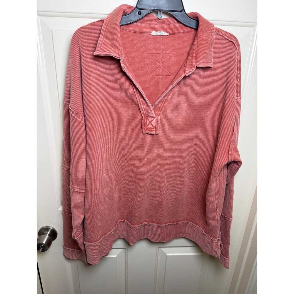 Easel Los Angeles Terracotta Ribbed Oversized Pullover V-Neck Sweatshirt Large